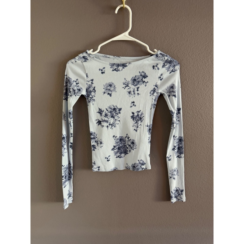 Hollister Blue Floral Ribbed Long Sleeve Boat Neck Top XXS Y2K Style
